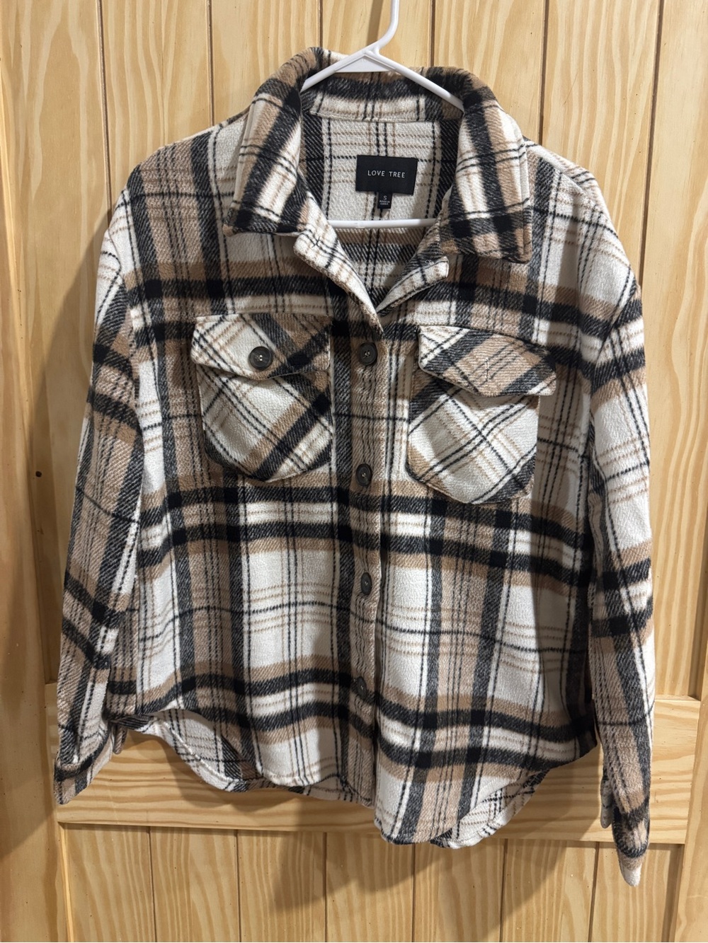 Love Tree flannel Shacket—Brown, Cream and Grey— small